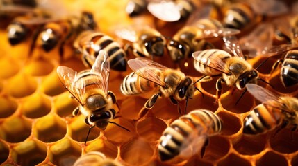 A group of bees in their hive,honeycombs with numerous bees working. 