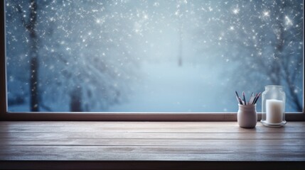 Desk of free space cover of snow and winter time. Background for winter