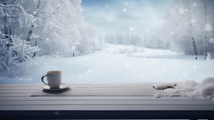 Desk of free space cover of snow and winter time. Background for winter