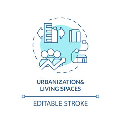 2D editable blue urbanization and living spaces icon, monochromatic isolated vector, thin line illustration representing environmental psychology.