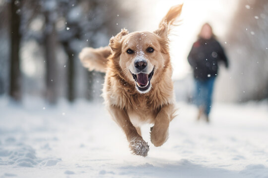 Dog running on snow with owner