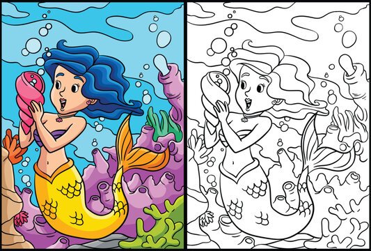 Mermaid Holding Spiral Shell Coloring Illustration
