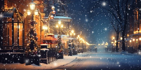 Gordijnen Beautiful Blurred Street With Snowfall and Christmas Lights, Christmas Background © MADNI