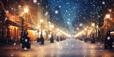 Foto op Plexiglas Beautiful Blurred Street With Snowfall and Christmas Lights, Christmas Background © MADNI