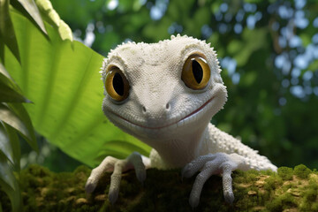 Young white lizard sitting on a tree against tropical greenery background. Close-up