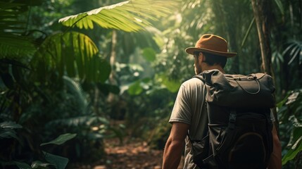 Solo traveler carrying a backpack amidst jungle greenery. 