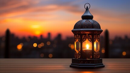 Closeup of Ramadan lamp with sunset background, Ramadan Lantern - obrazy, fototapety, plakaty
