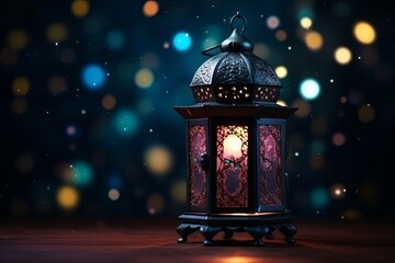 Closeup of Ramadan lamp with sunset background, Ramadan Lantern