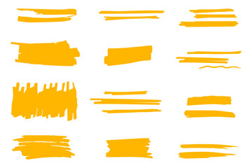 Yellow marker brush lines. Highlighter underline scribbles. Paint pen handdrawn strokes. Collection of trendy brush stroke vector for yellow ink paint, grunge backdrop, dirt banner, watercolor design  - obrazy, fototapety, plakaty