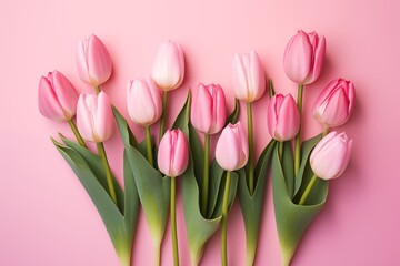 Beautiful fresh tulips on a colorful background with copy space in peach fuzz color: Valentine's Day or International Women's Day