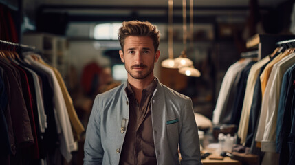 A male fashion designer in his atelier, standing by clothing racks and maintaining eye contact with the camera