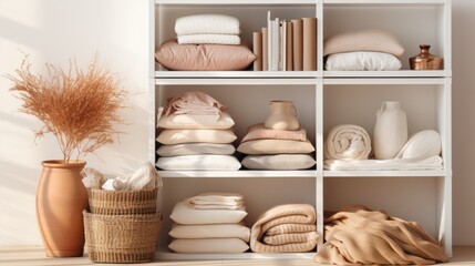 White shelving unit with stacks of different clothes and decor 