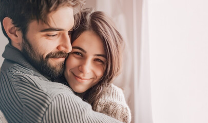 Smiling young couple in sweaters hugging at home near the window