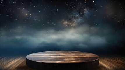 Empty Old Black Lacquer Table with Blurred Night Sky Theme in Background, Perfect for Product Display.