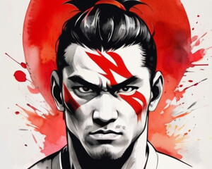Logo-style portrayal of a martial artist with a fierce and penetrating gaze, exuding courage, determination, and strength. Resembles a typical MMA fighter.