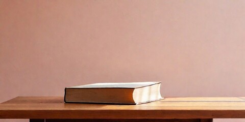 A book on the wooden table, natural sunlight on peach fuzz wall with copy space