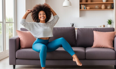 Obraz premium happy afro american woman dancing on the sofa at home. smiling girl enjoying day off 