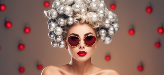 Naklejka premium Fashionable woman with creative hairstyle and sunglasses. Modern beauty trends.