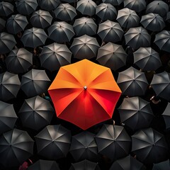 Ein bunter Regenschirm in einer Gruppe schwarzer Schirme