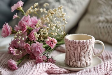 Obraz na płótnie Canvas Delightful Mother's Day Scene: Cup With A Knitted Cover And Bouquet Of Flowers