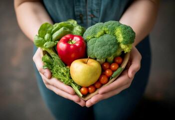 close up of female hands holding nutritional vegetables in heart shape
