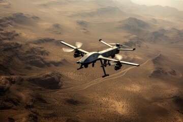 Arid Terrain Mission Sees A Military Drone Take Flight - obrazy, fototapety, plakaty