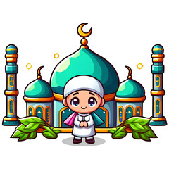cartoon child muslim character and mosque