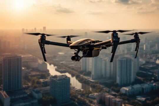 Monitoring Urban Areas: Military Drone Conducts Surveillance Over A City
