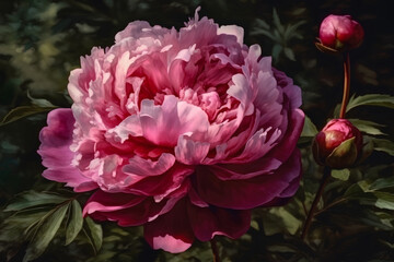 Flowering purple peony in summer garden, watercolor painting, closeup.