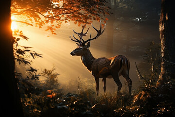 Beautiful forest landscape of foggy sunrise and deer animal