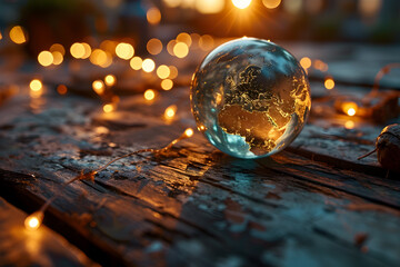 Glowing ball in the form of planet Earth. Concept of light in dark times and international Earth day - obrazy, fototapety, plakaty