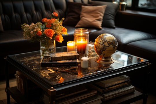 coffee table with study materials and mementos from different countries, fostering an atmosphere of shared knowledge and experiences in a commercial photo