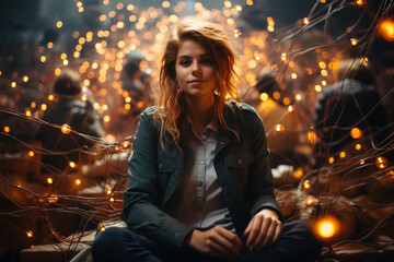 student surrounded by threads connecting to places on a world map, portraying the intricate web of connections forged during their exchange experience in a commercial photo - obrazy, fototapety, plakaty