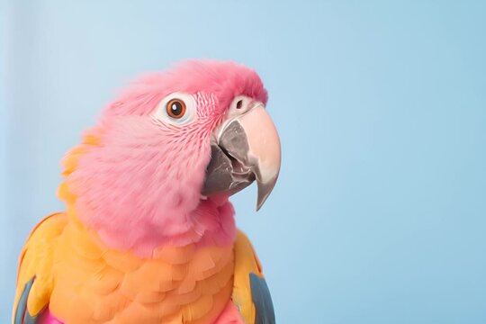 A vibrant pink and orange parrot against a soft blue background.