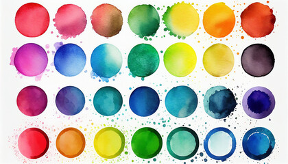 Set of buttons with numbers, watercolor circle with many color set bundle , white background, Ai generated image - Powered by Adobe