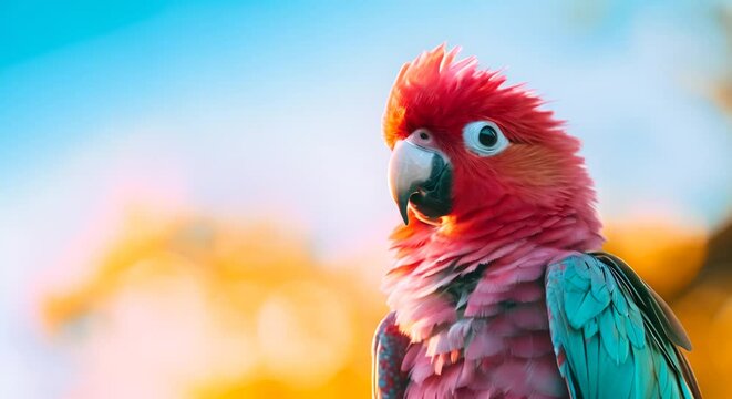 Portrait of a red parrot with a vibrant blue wing, against a sunset backdrop.