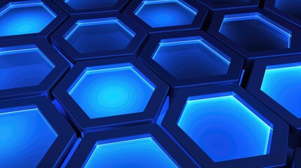 A mesmerizing pattern of blue hexagonal crystals that reflect light brightly and reflectively. Abstract background.