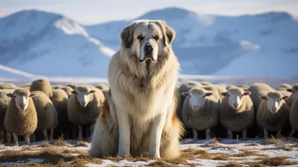 Fotobehang Beautiful Great Pyrenees dog watching over a flock of sheep, AI Generative. © Miry Haval