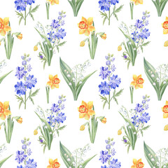 Seamless pattern with the spring flowers - lily of the valley, larkspur, and daffodils. Watercolor hand drawn flowers on transparent. For fabric, home textile, wallpapers, wrapping paper