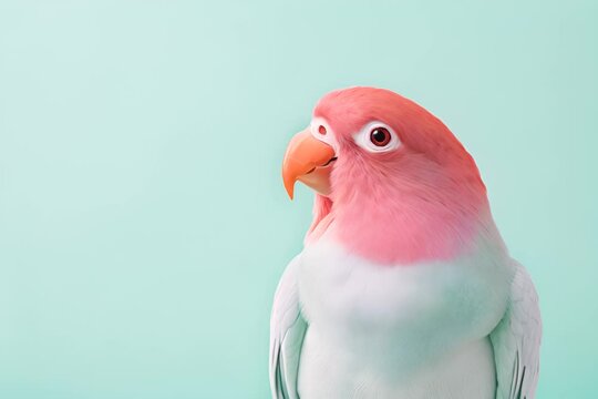 Portrait of a pink parrot with a white chest on a turquoise background.