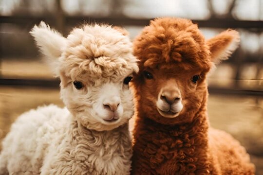 Two alpacas, one white and one brown, close together looking at the camera.