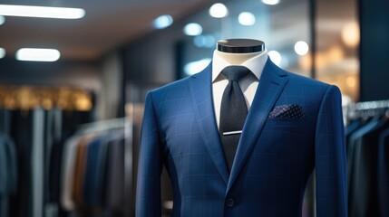 Elegant men's suit on a mannequin in a boutique. The suit is complemented with a tie and a pocket handkerchief. In the background you can see other suits neatly hung on hangers. - obrazy, fototapety, plakaty