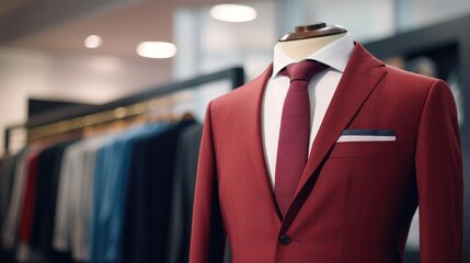 Elegant men's suit on a mannequin in a boutique. The suit is complemented with a tie and a pocket handkerchief. In the background you can see other suits neatly hung on hangers. - obrazy, fototapety, plakaty