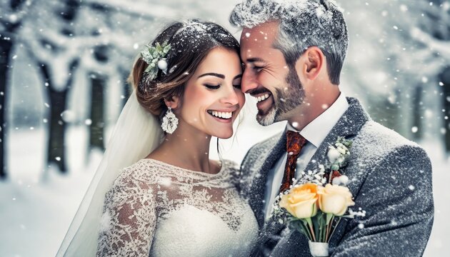 Beautiful Wedding Couple, Dressed up in Romantic Environment holding a Wedding Bouquet.