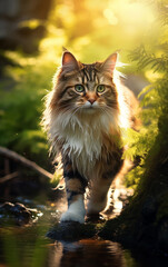 Naklejka na ściany i meble cute cat walking in the forest / Generative AI