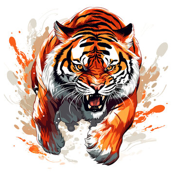 Tiger running through fire in vector pop art style