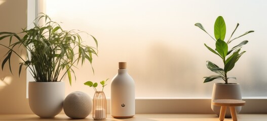 Minimalist home decor with indoor plants and modern diffuser. Interior design.