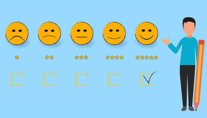 star feedback rating.customer satisfaction,feedback,appreciation,positive or quality service rating idea concept.young man giving positive smile feedback.