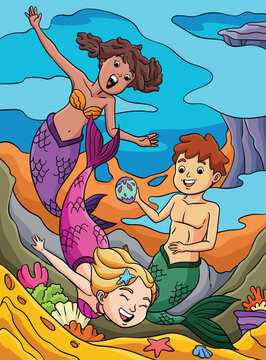 Mermaid and a Merman Playing Colored Cartoon 