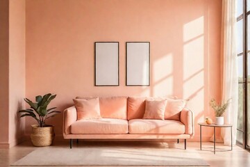 Living room in minimal style with sofa and mockup frames, peach fuzz color, copy space. Living room decoration with peach fuzz color, color of the year 2024 concept.
